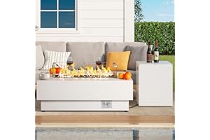 IRONCK 43-inch Outdoor Propane Fire Pit Table w Tank Table, CSA Certified, 2 in 1 Rectangular Patio Fire Pit w Glass Rocks, Wind Guard and Cover, 50000 BTU Outdoor Heater for Garden, Pool, White