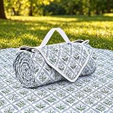 Block Print Picnic Blanket 80 in Waterproof Sandproof Beach Blanket Picnic | Extra Large Foldable Floral Picnic Blanket Sand Free for Beach Picnics Camping Outdoor Activities Rv Accessories