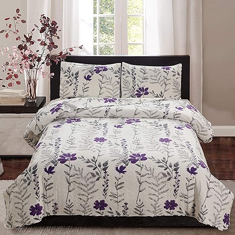 Amazon Com Floral Quilt Set Queen Full Size Lightweight Bedspread Purple Floral Bedspread Set Floral Quilts Grey Leaves Garden Bedspread Floral Coverlet Set Reversible Floral Bed Set Print Bedspread Flower Quilt Kitchen Dining
