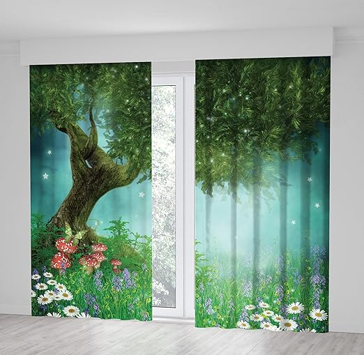 Amazon Com Positivo Hogar Dibujos Animados Fantasy Diseno De Prado Con Arbol Margaritas Y Hongos Noche Estrellada Spring Forest Night View Verde Azulado Color Morado Y Blanco Cortina Home Kitchen