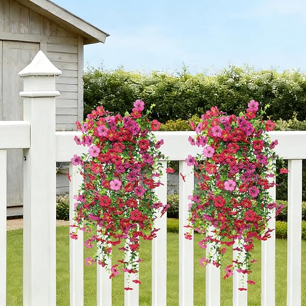 SENJIE 4 PCS ARTIFICIAL HANGING FLOWERS FOR OUTDOOR SPRING DECOR, UV RESISTANT FAKE SILK FAUX FLOWERS PLANTS FOR OUTSIDE PORCH PATIO BALCONY PLANTERS