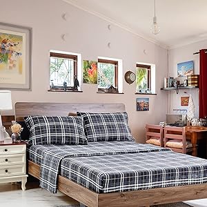 Softan Flannel Sheets, 3 PCS Light Weight Bed Sheets with Deep Pocket, Machine Washable and Dry Microfiber Fleece Twin Sheets, Plaid Grey
