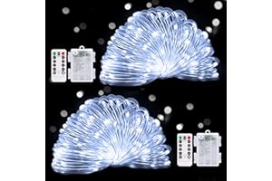 POTIVE 100 LED White String Lights Battery Operated, Battery Rope Lights with Remote, 33Ft Battery Powered String Lights for Outside Camping Tent Pool Garden Decorations (2 Pack)