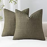 SINYASAN Decorative Linen Check Throw Pillow Covers Set of 2, 20"x20" Olive Green Neutral Cushion Covers, Farmhouse Vintage Modern Boho Home Decor for Sofa Chair Couch Bedroom