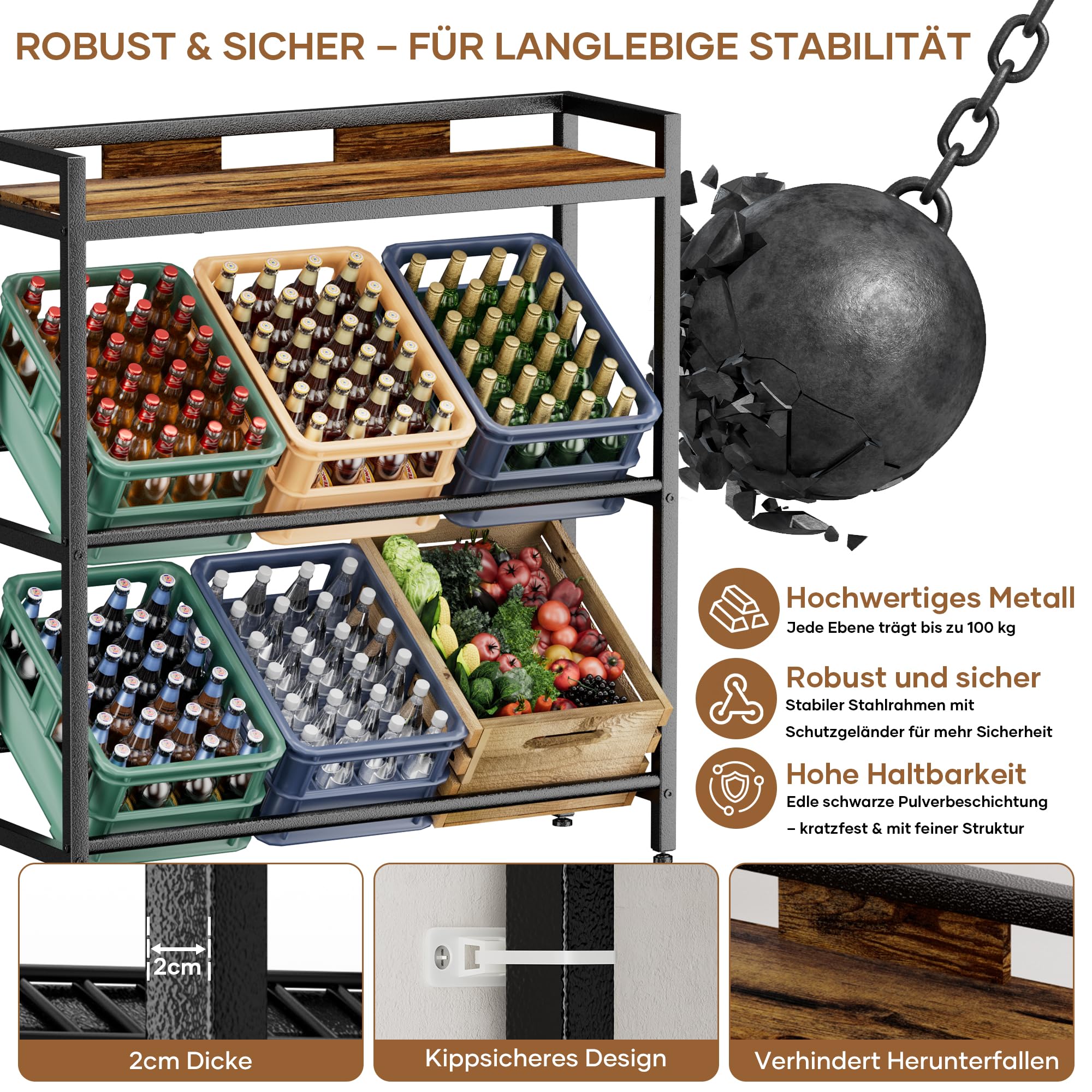 Getränkekistenregal 6 Kisten mit Ablage,33D x 104W x 115H cm Getränkeregal,Stabiler Metall Regal Getränkekisten,Freistehend Bierkisten Regal für Küche Keller Garage,Kistenregal Rustikales Braun 3