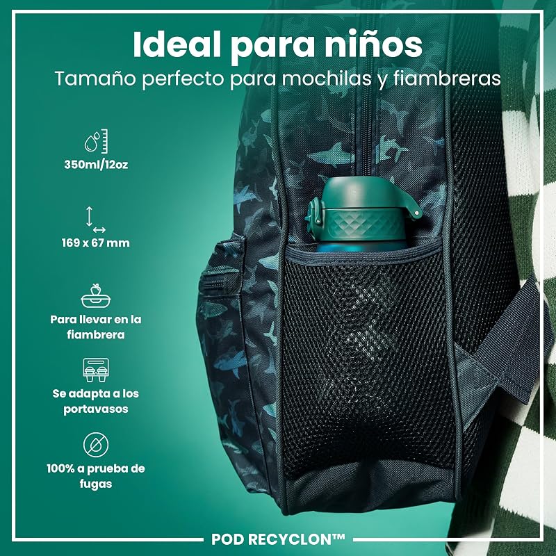 Botella de Agua para Niños, 350ml, a Prueba de Fugas, Fácil de Abrir, Cerradura Segura, Apta para Lavavajillas, Sin BPA, Asa de Transporte, Fácil de Limpiar, Tiburón