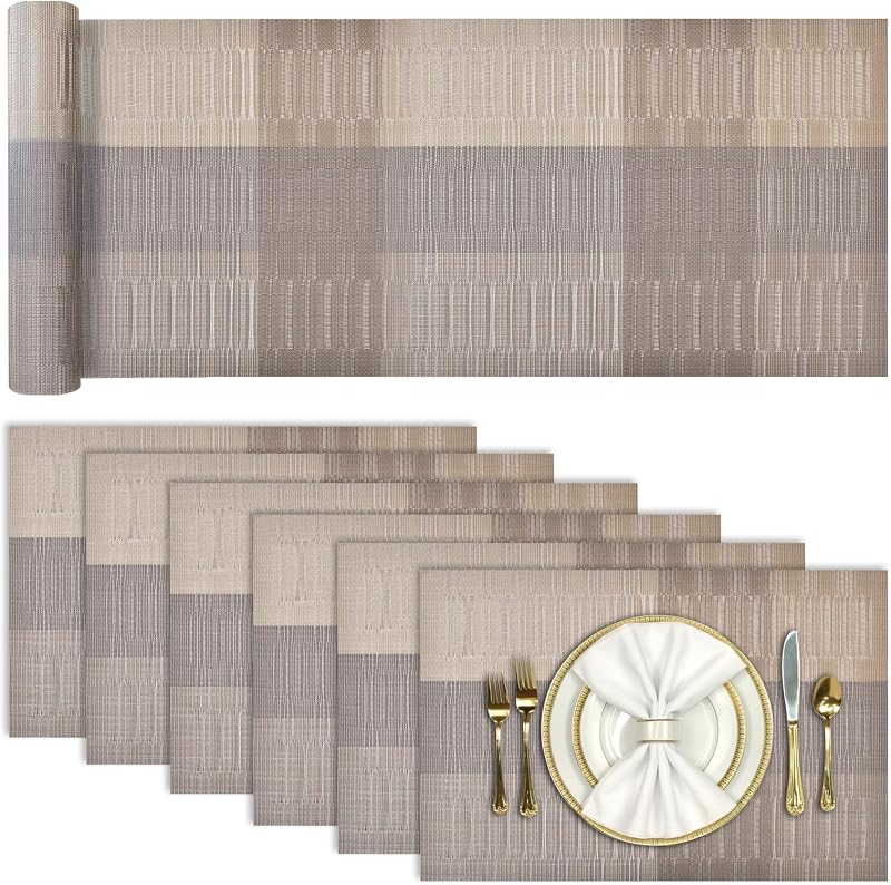 Aofmee Table Runner and Placemats Set of 7 PVC Heat Resistant Non Slip
