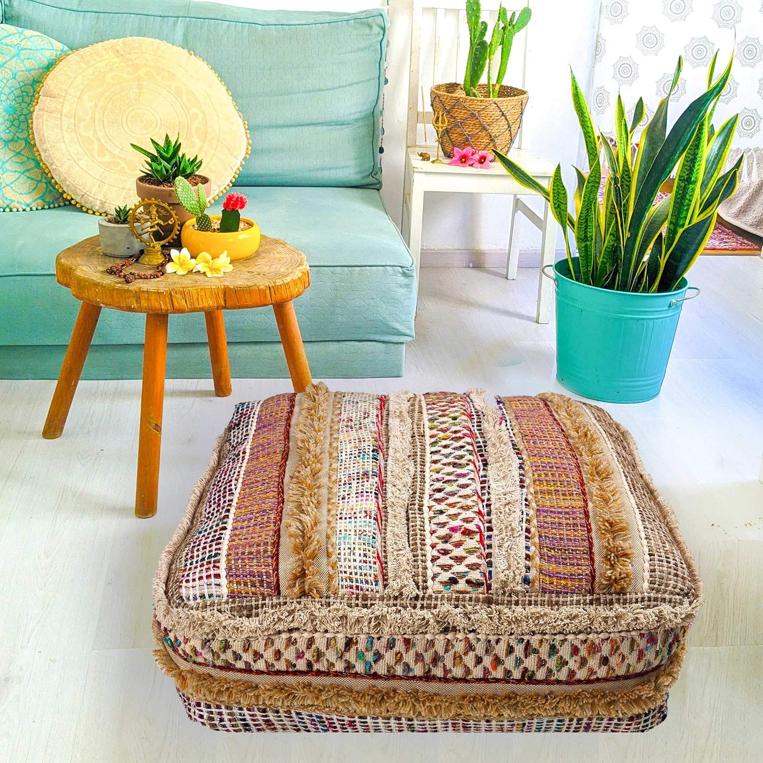 Mandala Life ART Boho Pouf Ottoman Cover - Round Floow Pillow Cushion - 24x8, Wool, 61 x 20 cm (Pack of 1)
