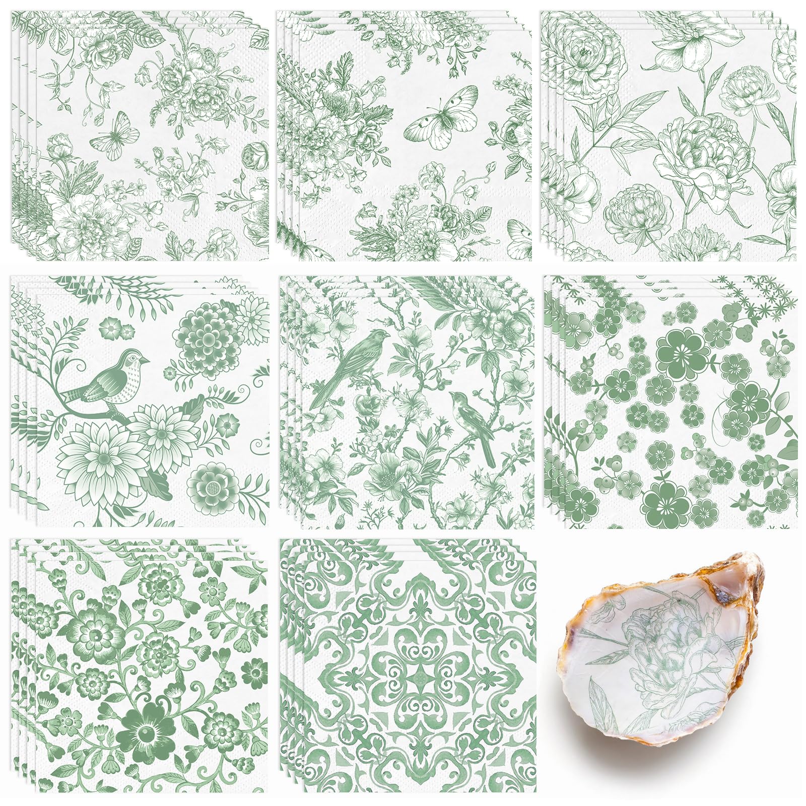 16 Pcs 8 Styles Decoupage Napkins, Sage Green Floral Paper Napkins Chinoiserie Decorative Cocktail Napkin Pretty Printed Cocktail Paper for DIY Crafting Furniture Decor Birthday Party Baby Shower