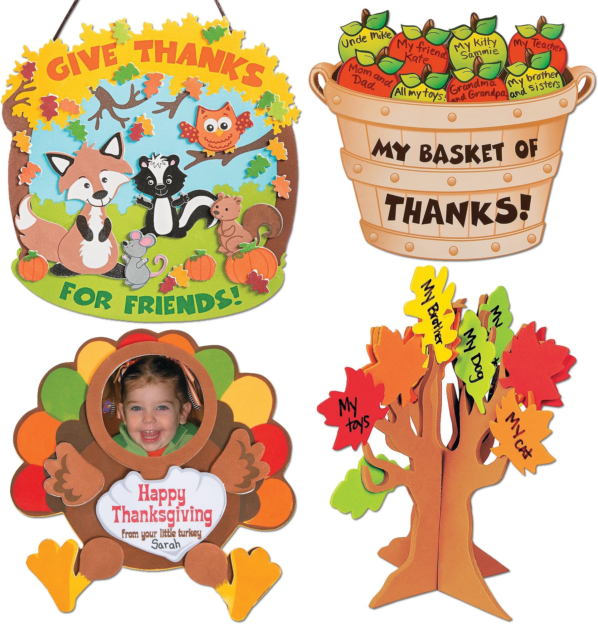 Thanksgiving & Autumn Craft Kits | Thankful for Friends Sign Kit, Bushel of Thanks Apple Basket Kit, Turkey Picture Frame Magnet & Standing Tree of Thanks | Kids Family Holiday Activities Gift Set
