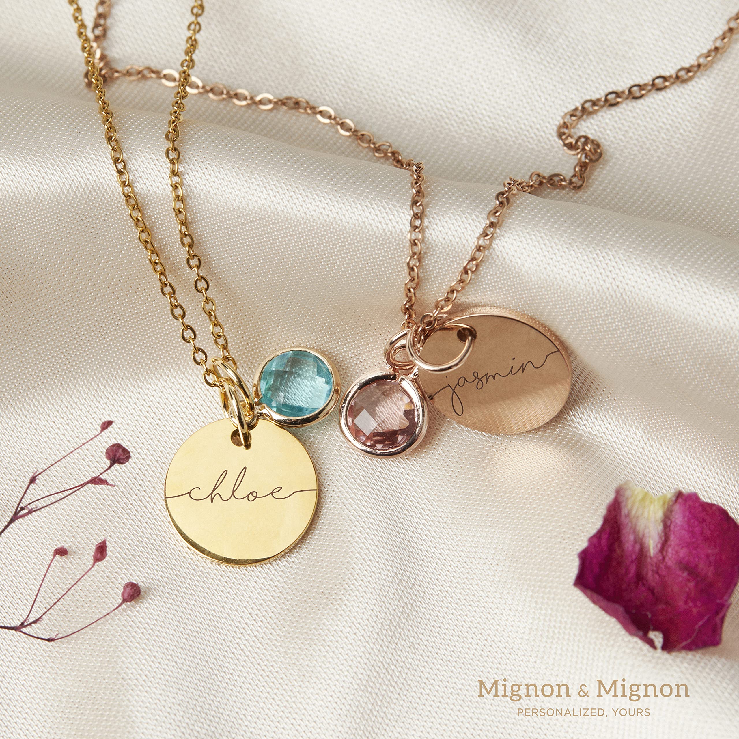 MignonandMignon Birthstone Name Necklace Personalized Gifts for Women Jewelry for Mom Gold Plated Pendant Charm, Custom Grandma Birthday Holiday Gifts -CN-BS-SH