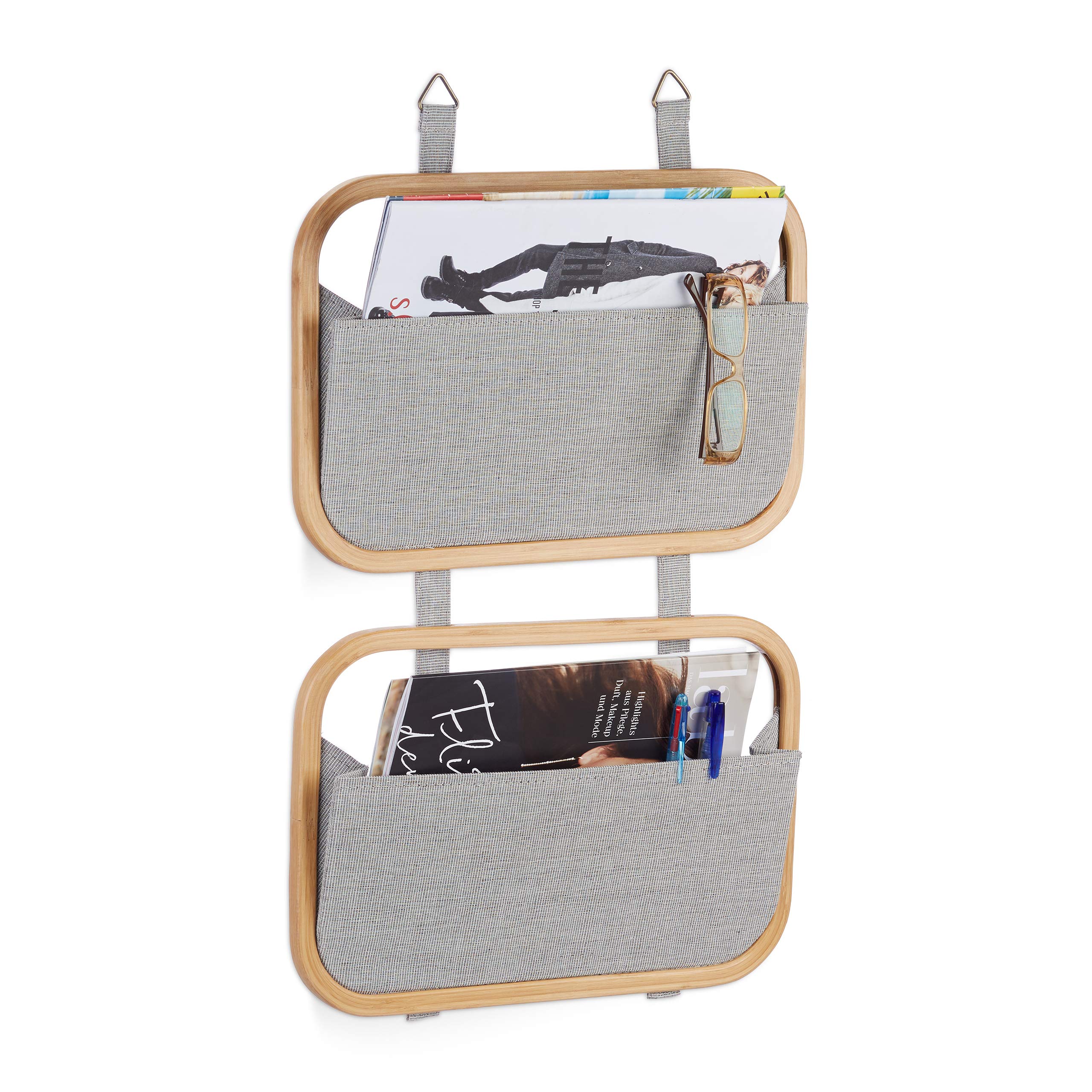 Relaxdays Hanging Bamboo Organizer with 2 Storage Compartments, For Doors and Wall, HWD: 60 x 40 x 1.5 cm, Natural/Grey