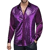 Barry.Wang Mens Disco Shirt Sequins Satin Shiny Metallic Long Sleeve Button Down Shirts 70s Vintage Cocktail Nightclub Rock