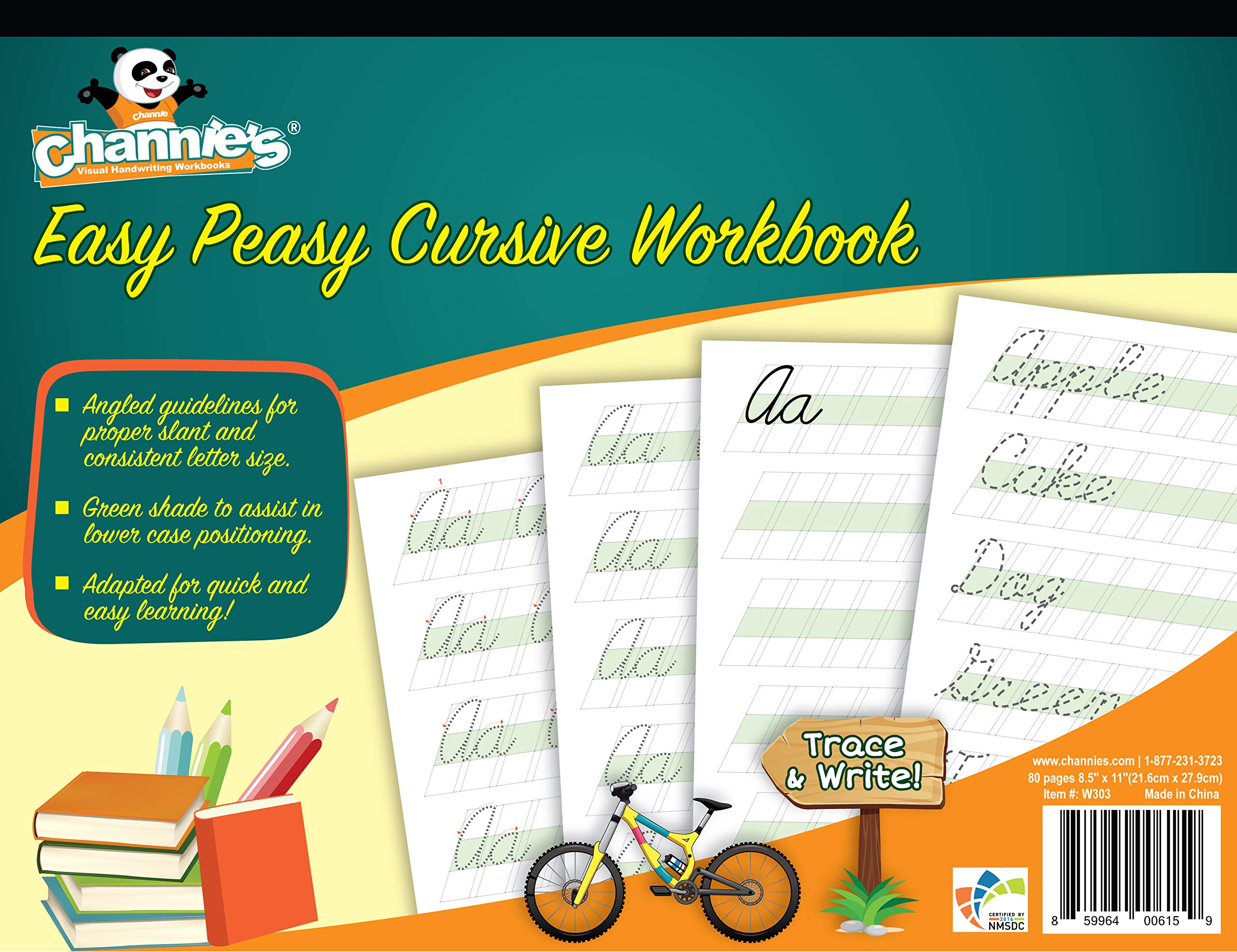 Channie’s Easy Peasy Cursive Tracing & Writing Practice Workbook, 80 Pages Front & Back, 40 Sheets, Grades 1st – 3rd, Size 8.5” x 11”