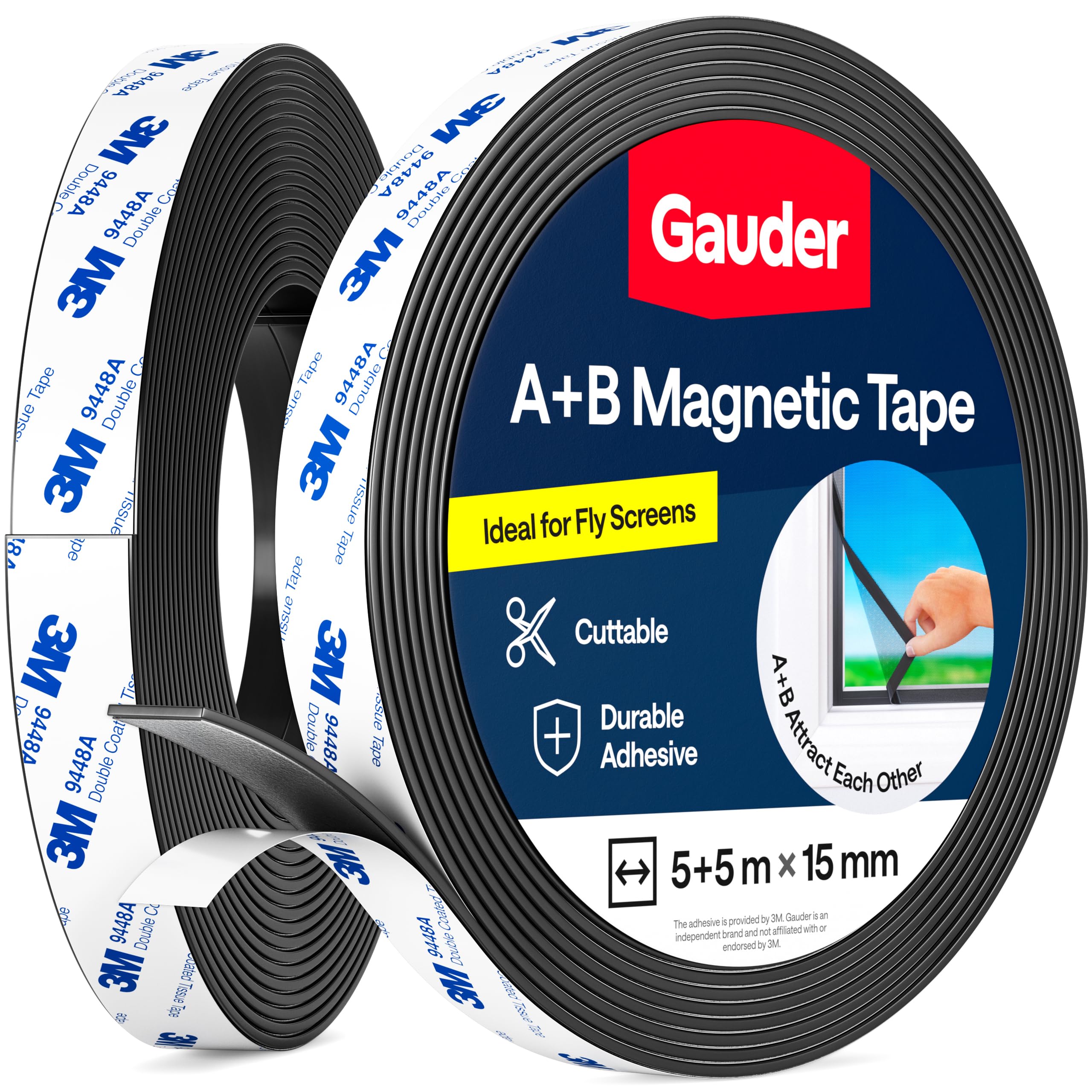 GAUDER A+B Magnetic Tape for Fly Screens & Mosquito Nets - Self-Adhesive Magnetic Strips with Strong Mutual Attraction - Magnet Tape with Counterpart & Strong Adhesive (5+5 m)