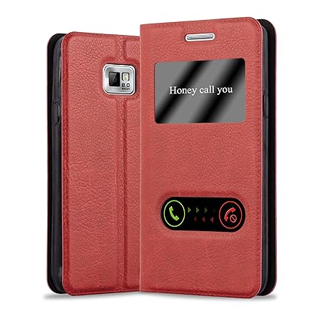 Cadorabo Hülle für Samsung Galaxy S2 / S2 Plus - Hülle in Safran ROT – Handyhülle im Standfunktion und 2 Fenstern (View Desig