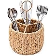 KOLWOVEN Wicker Flatware Organizer, Kitchen Utensil Holder for Countertop, Silverware Caddy Natural Woven Flatware Caddy with 3 Compartments, Cooking Utensil Organizer