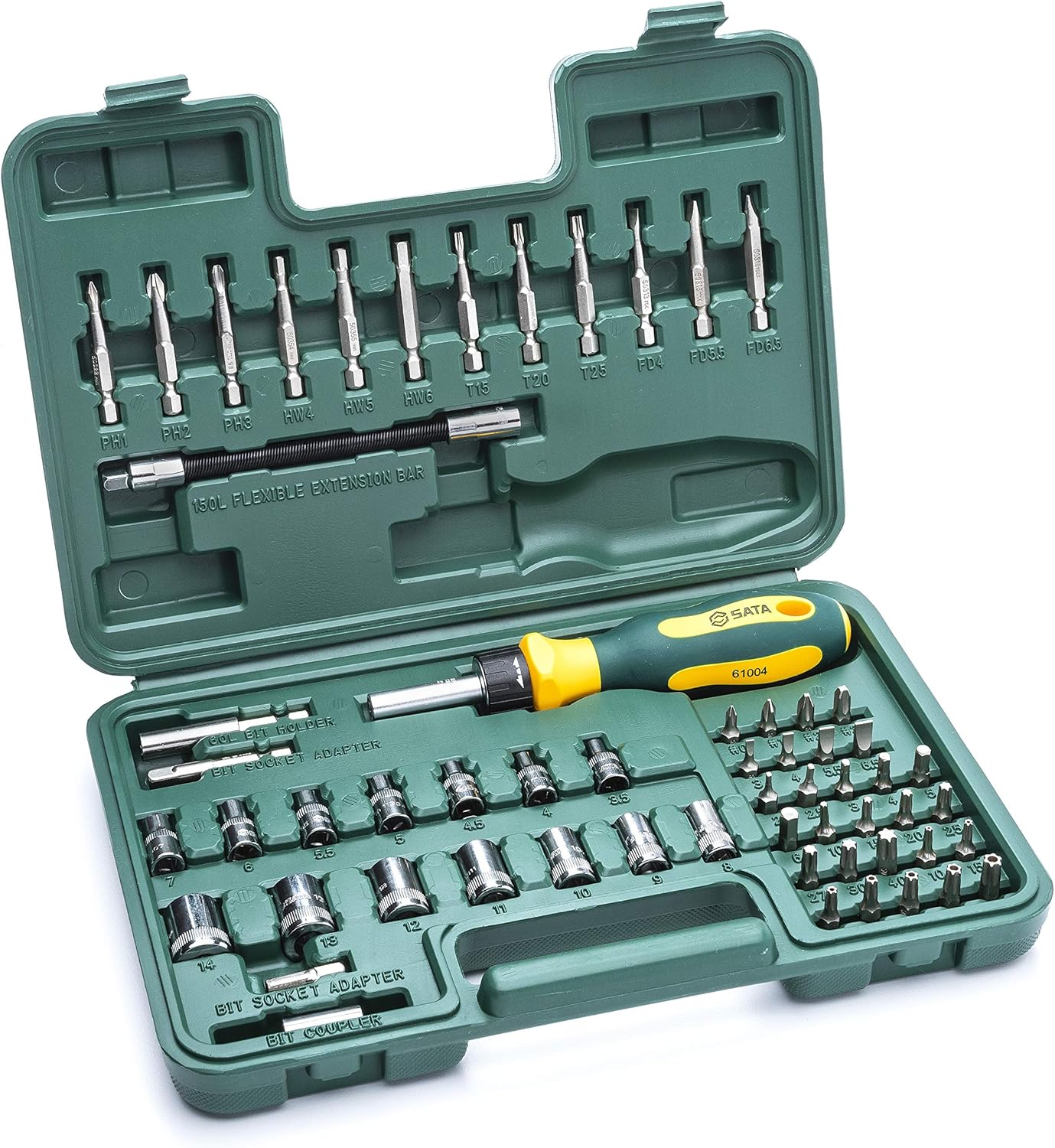 SATA 19-in-1 Multipurpose Ratcheting Screwdriver Set with 8 Double-Sided Bits and a Green and Yellow Oil-Resistant Handle - ST09350, 19 Piece - - 