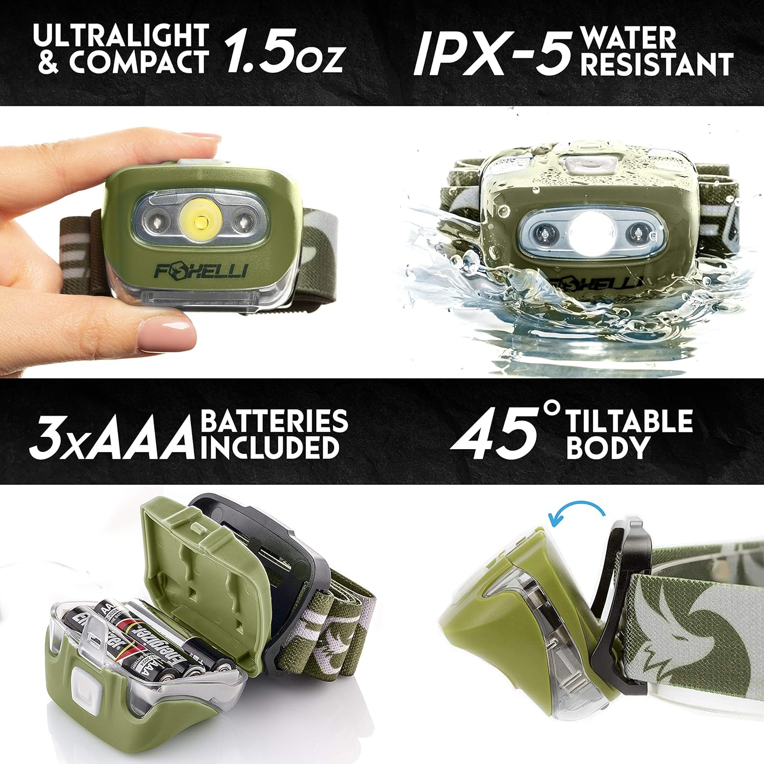 Foxelli Headlamp Flashlight - Super Bright, Lightweight Head Lamp, Comfortable Headband, Perfect for Runners, 3 x AAA Batteries Included: Sports & Outdoors