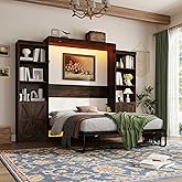 Hlivelood Queen Size Murphy Bed w/2 Storage Cabinet&amp;2 LED Light, Farmhouse Wood Hidden Foldable Wall Bed Frame, Storage Bed Cabinet for Bedroom, Office, Space-Saving, No Box Spring Needed, Brown