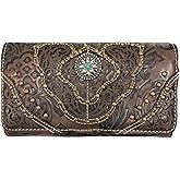 Zelris Women Western Floral Damask Pattern Medallion Crossbody Wrist Trifold Wallet (Brown)