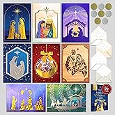 Decorably 16 Pack 5x7in Foil and Glittery Nativity Religious Christmas Cards with Envelopes and Stickers, 8 Folded Designs for Family and Loved Ones with Printed Message Inside, Gifting, Mailing