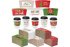 Remerry 125 Pack Winter Christmas Disposable Coffee Cup Paper Sleeves Xmas Santa Holiday Tea Hot Chocolate Cocoa Sleeves for 