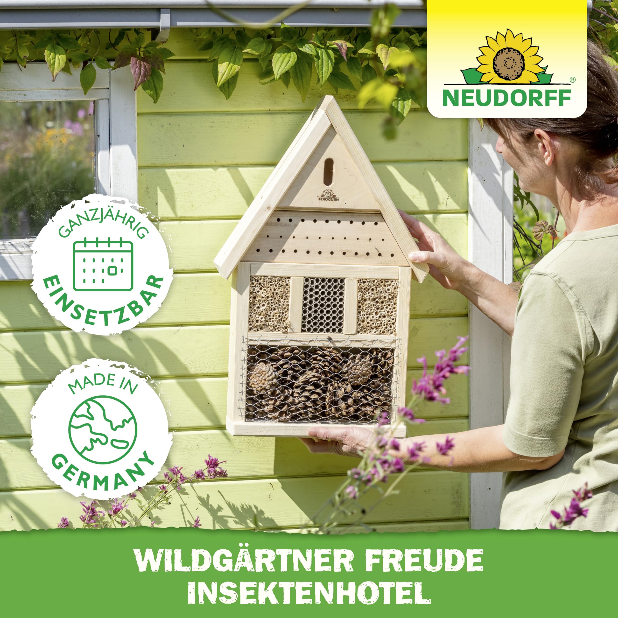 Neudorff Wildgärtner Freude Insektenhotel – Handgefertigte und unbehandelte Nisthilfe für Insekten wie Wildbienen, Marienkäfer und Florfliegen, 1 Stück 5