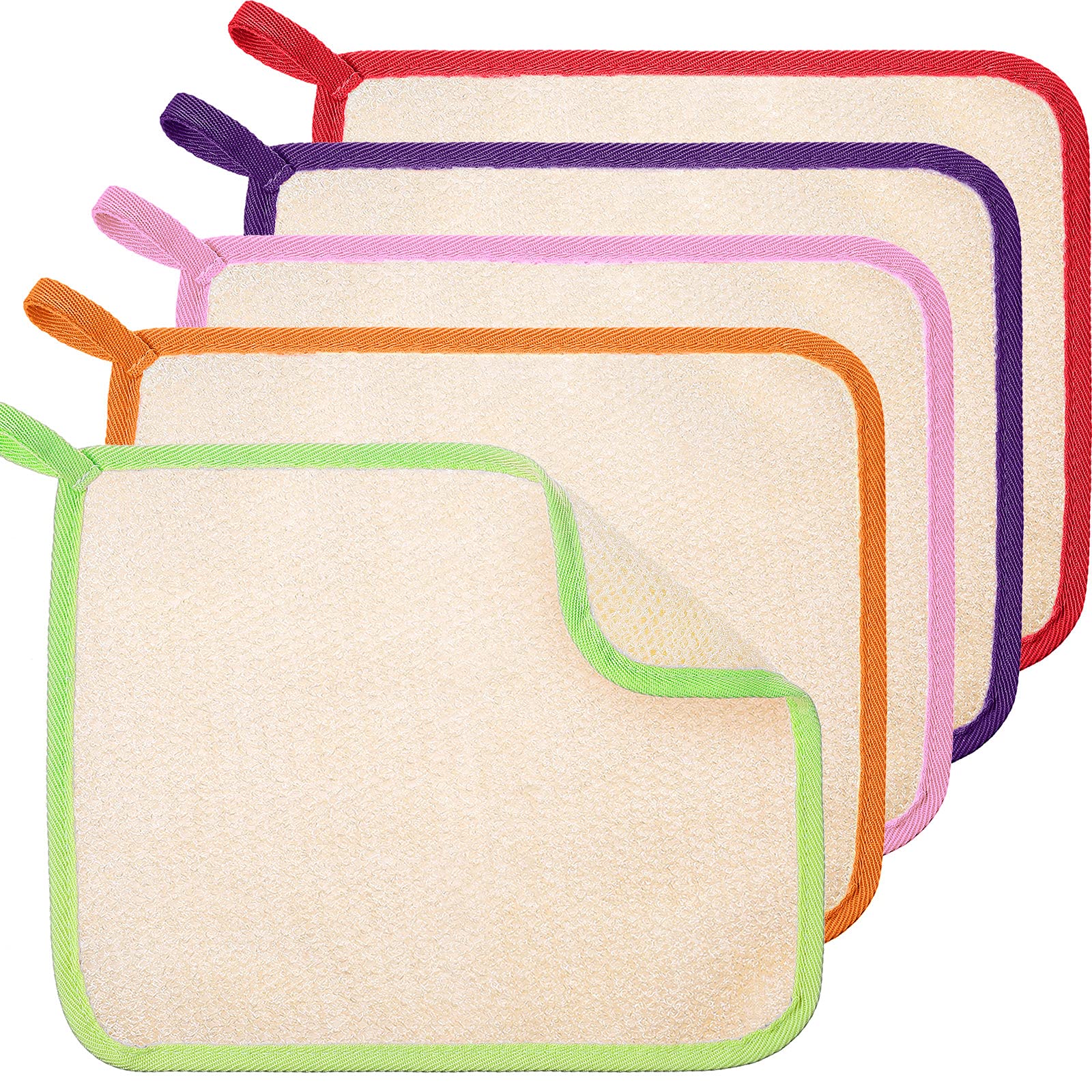 Photo 1 of *ONLY 4* Tatuo 5 Pcs Exfoliating Face and Body Wash Cloths Towel Weave Bath Exfoliating Scrub Massage Bath Cloth for Women and Men, 10.63 x 9.05 Inch(Green, Orange, Pink, Purple, Red Edge)