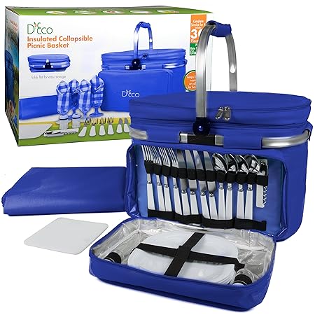 Foldable Insulated Picnic Basket, w Plates, Glasses & Flatware - Keeps Food Cold Or Warm for Hours - Full Sized Set Folds Down to 5 inches