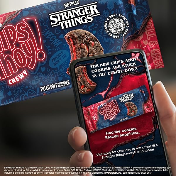 CHIPS AHOY! STRANGER THINGS CHEWY CHOCOLATEY STRAWBERRY-FLAVORED FILLED SOFT COOKIES, LIMITED EDITION, 9.9 OZ