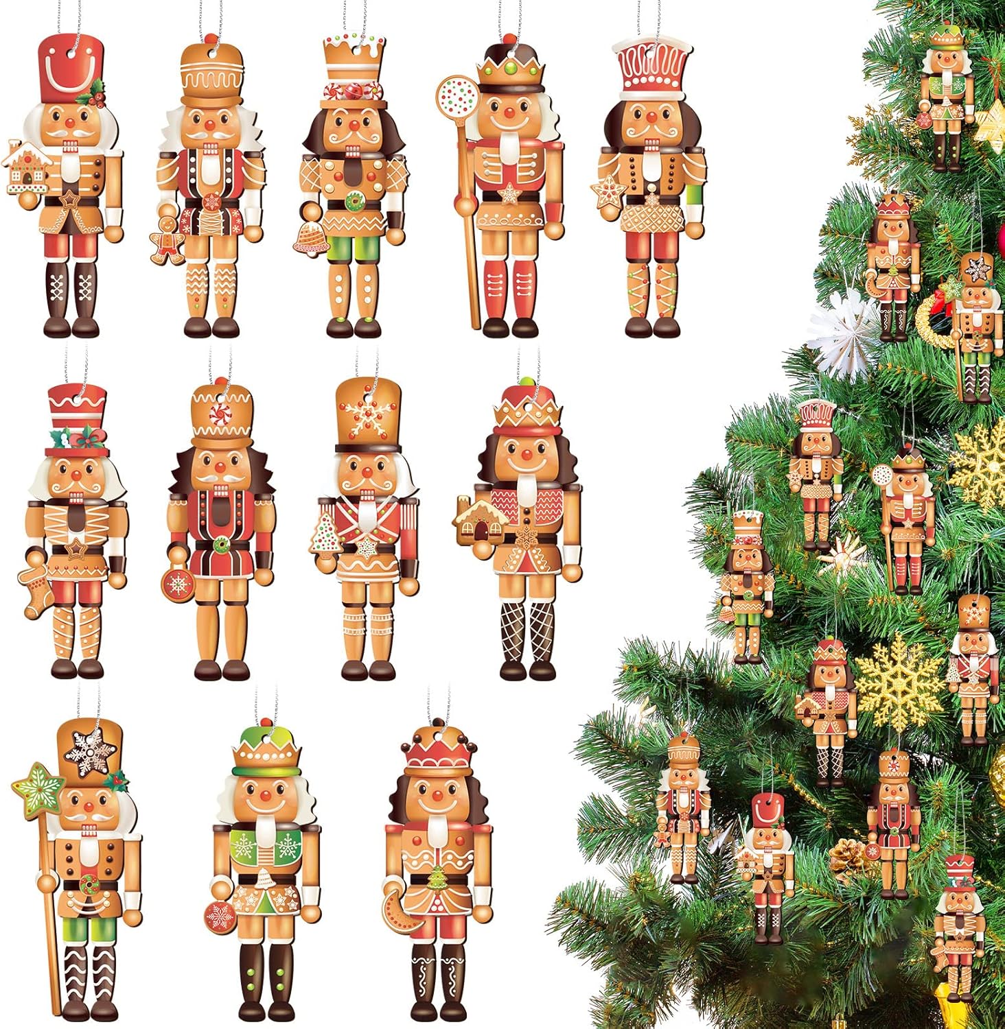Nutcrackers - 36 Pcs Christmas Candy Nutcracker Ornaments Wood Hanging Christmas Tree Ornaments Elf Wine Gingerbread Miniature Nutcracker Figures Ornament Cute Nutcrackers Holiday Ornament, Gingerbread Style