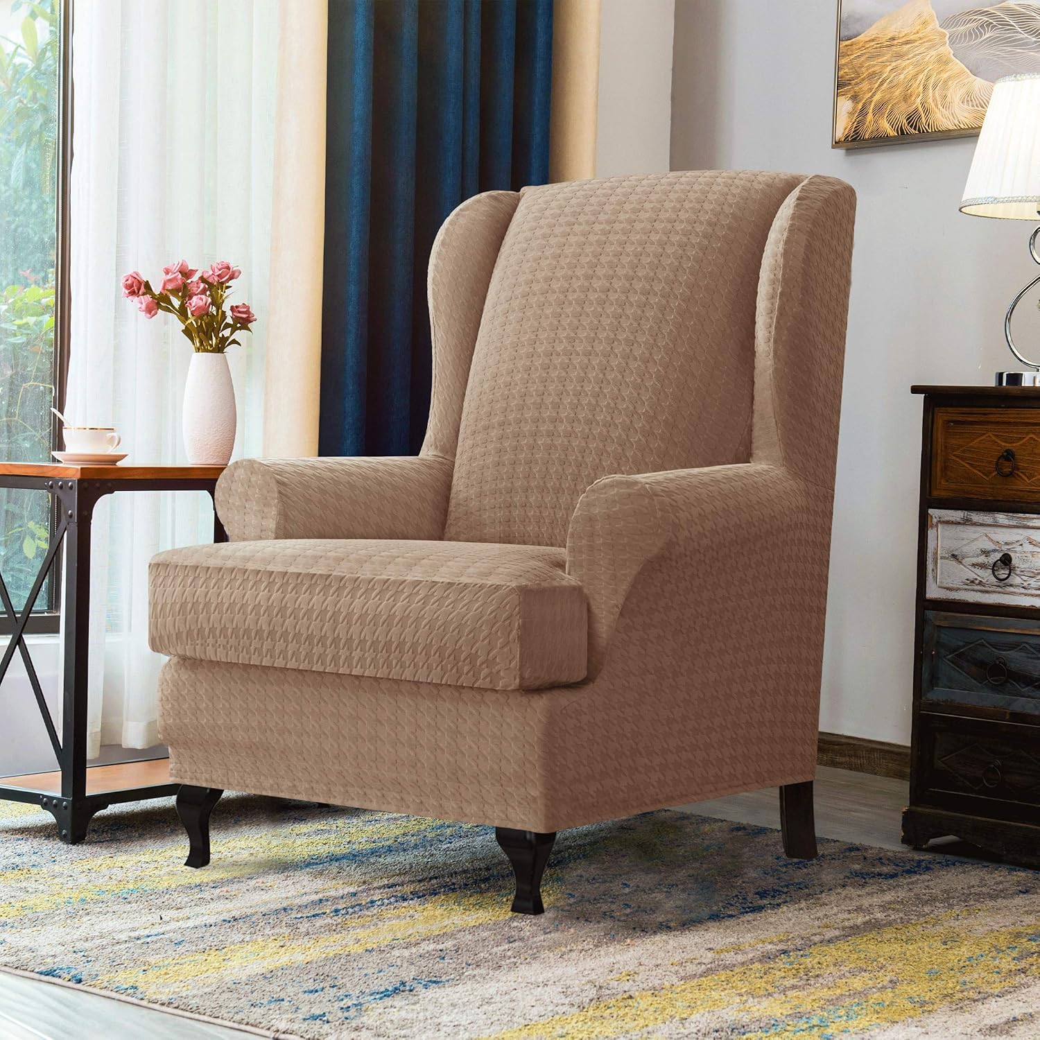 CHUN YI 2 Piece Stretch Houndstooth Wingback Chair Cover, Soft Armchair Couch Slipcovers Spandex Fabric with Elastic Bottom for Living Room, Machine Washable Furniture for Kids and Pets(Camel): Home & Kitchen