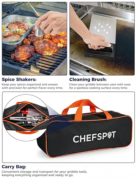 CHEFSPOT 36PC GRIDDLE ACCESSORIES KIT – FLAT TOP GRILL ACCESSORIES HIBACHI SPATULA SET FOR WEBER AND BLACKSTONE GRIDDLES, BREAKFAST TOOLS, BASTING COVER, CLEANING BRUSH FOR OUTDOOR BBQ