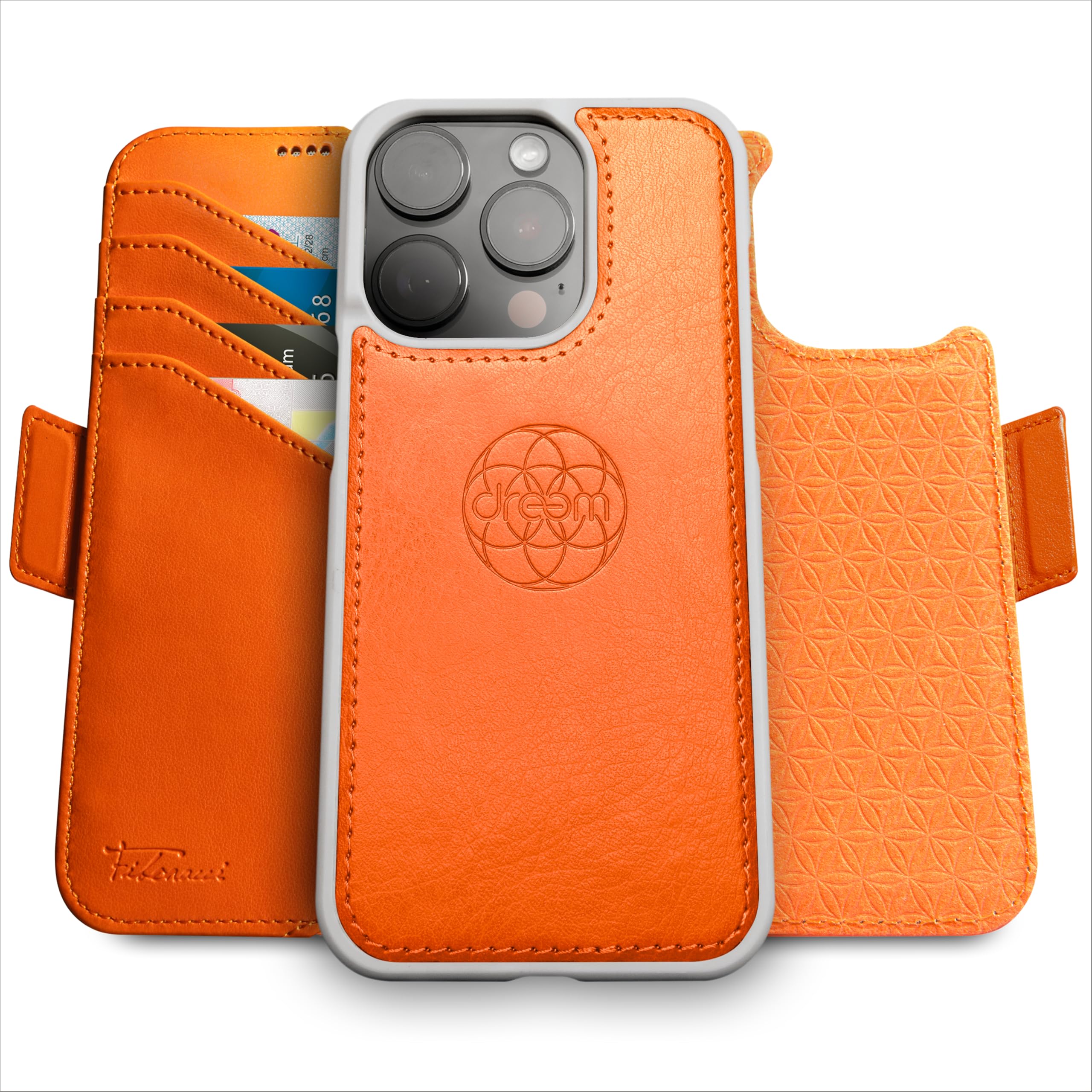 dreem Wallet Case for iPhone 16 Pro Max, Revolutionary Vert/Hor Phone Stand, Magnetic Detachable Vegan Leather Flip Cover RFID Blocking Card Holder, MagSafe-Fit, Gift Box [Fibonacci: Orange]