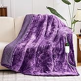 greenoak Heated Electric Blanket Throw, Faux Fur Sherpa Heating Blanket for Sofa Bed, Warm Winter Gifts for Women/Her, Heater Lap Blankets 5-Position Timer &10 Heating Levels 50''*60" Purple