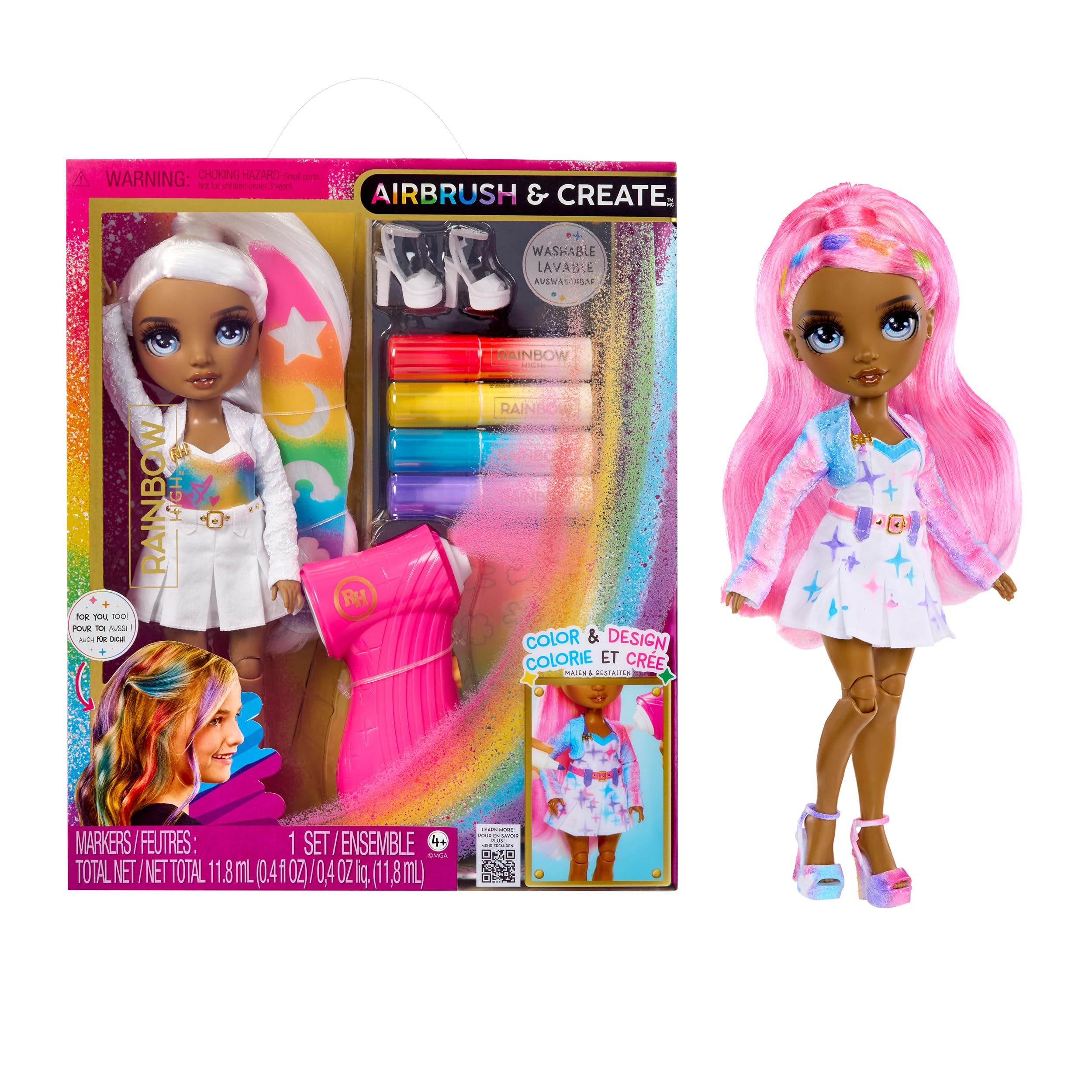 Rainbow High Air Brush & Create DIY Fashion Doll with Airbrush Marker Kit, Washable Rainbow Markers, Long Hair, Grey Eyes, Color, Create, Play, Rinse and Repeat. Creative 4-12+