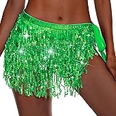 Zando Women's Belly Dance Hip Scarf Skirt Sparkly Tassel Disco Outfits Sequin Wrap Rave Costumes Fringe Skirt