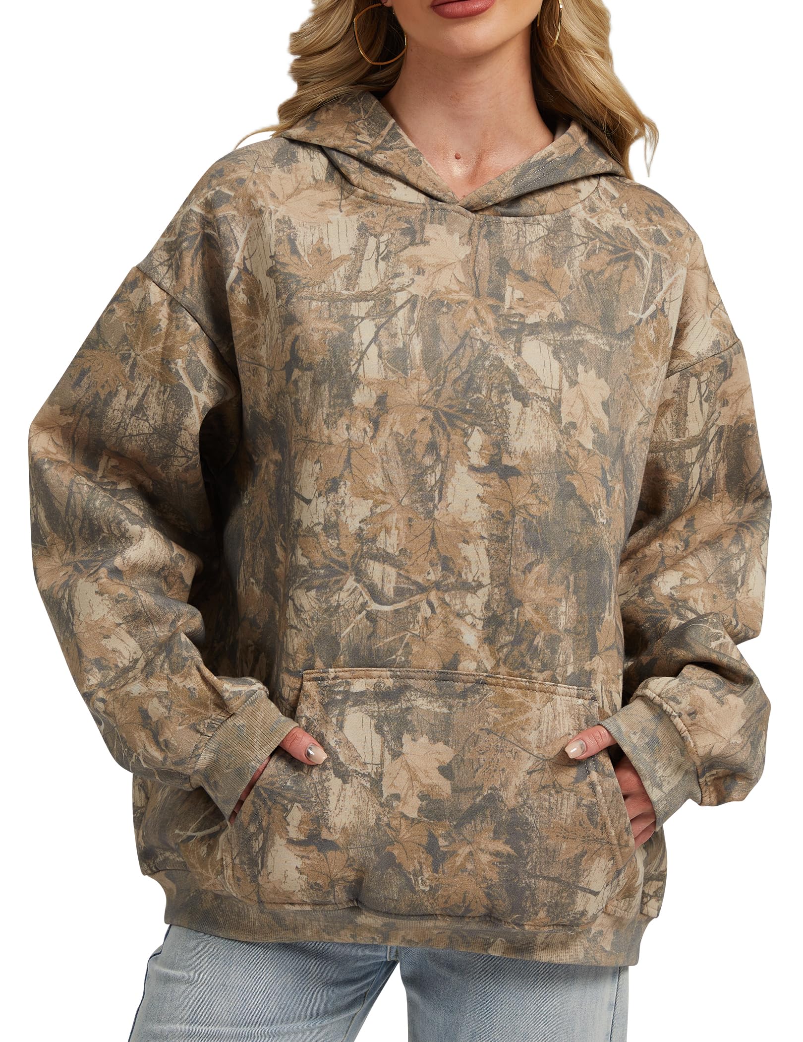 Eutten Womens Camo Hoodies Maple Leaf Print Oversized Sweatshirt Pullover Sweatshirts Long Sleeve with Pocket Fall Outfits Image