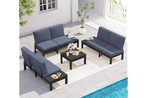 SERWALL HDPE Outdoor Sofa Set, All-Weather Patio Furniture Set, Seats 6, Modular Sectional Patio Furniture for Deck, Yard and Balcony, Black Frame with Grey Cushion