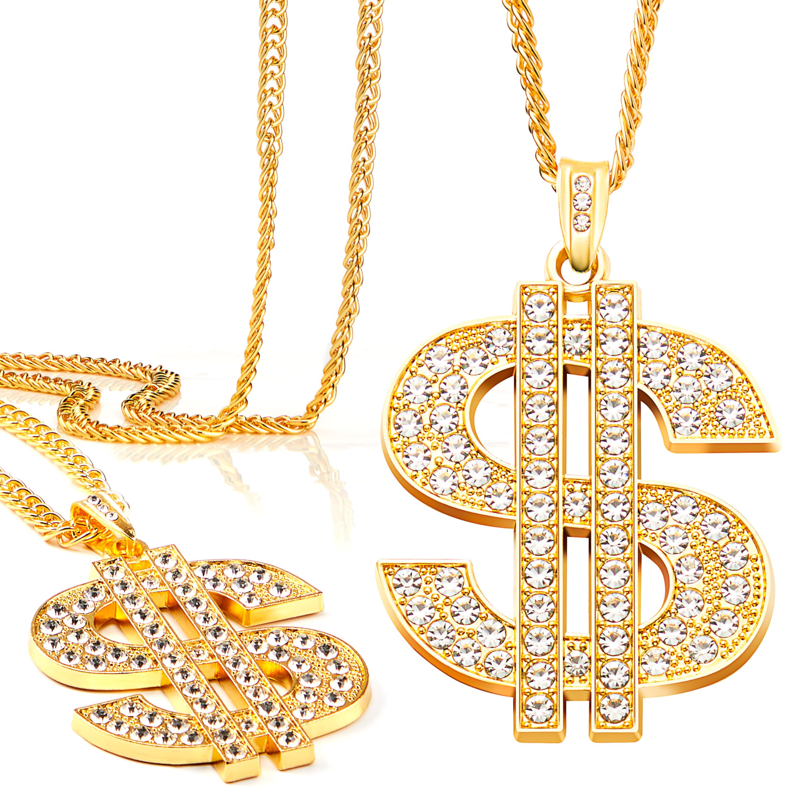 Spooktacular Creations 2 pcs Gold Dollar Chains Necklaces, Money Pendant Chain Hip Hop Dollar Sign Necklace Jewelry Halloween Accessory for Men Women Dress Up Party