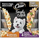 Cesar Simply Crafted Wet Dog Food Toppers for Dry Food, Chicken, Duck, Purple Potatoes, Pumpkin, Green Beans & Brown Rice, and Chicken, Carrots, Barley & Spinach Variety Pack, 1.3 oz Tubs, 8 Count