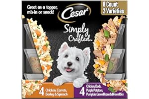 Cesar Simply Crafted Adult Wet Dog Food Meal Topper, Chicken, Duck, Purple Potatoes, Pumpkin, Green Beans & Brown Rice and Chicken, Carrots, Barley & Spinach Multipack, 1.3oz (8 Count, Pack of 1)