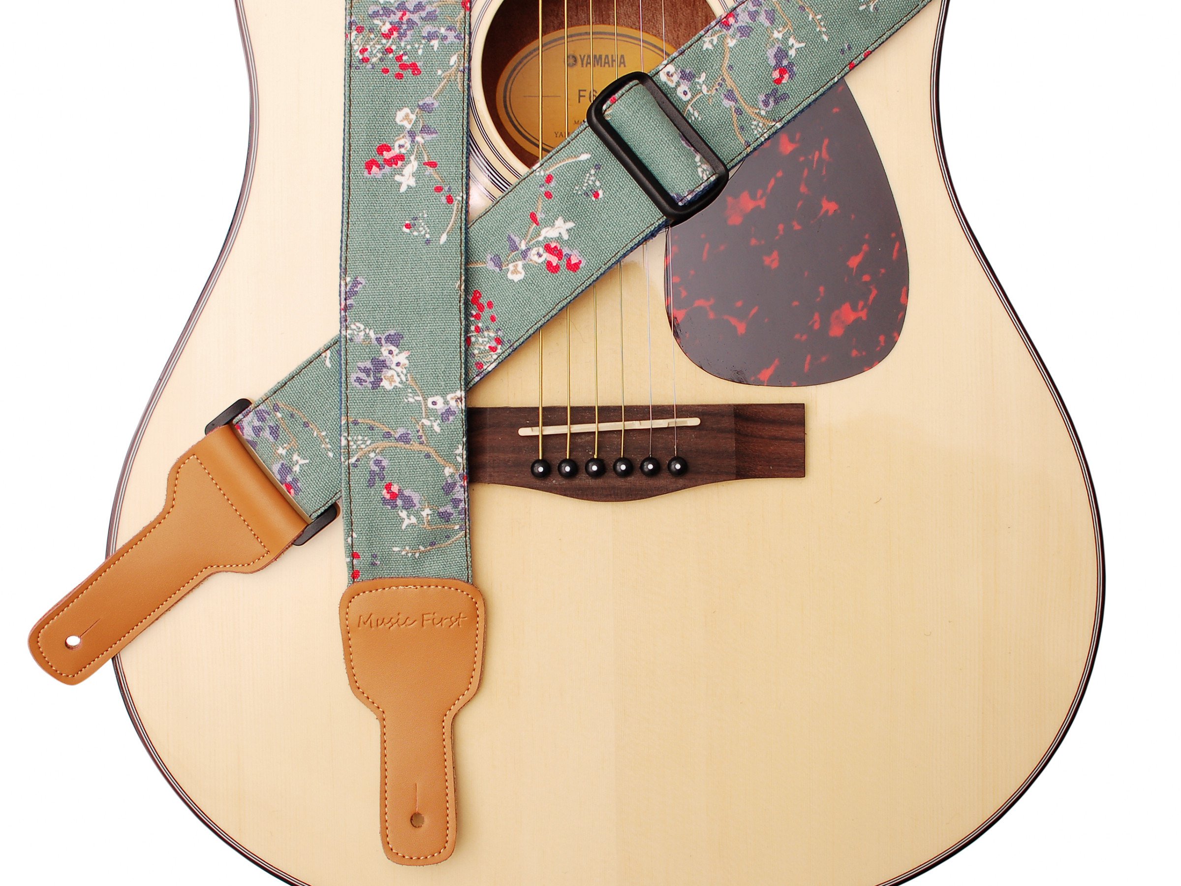 MUSIC FIRST Original Design Vintage Style “Plum Flowers” Soft Cotton & Genuine Leather Guitar Strap, Banjo Strap