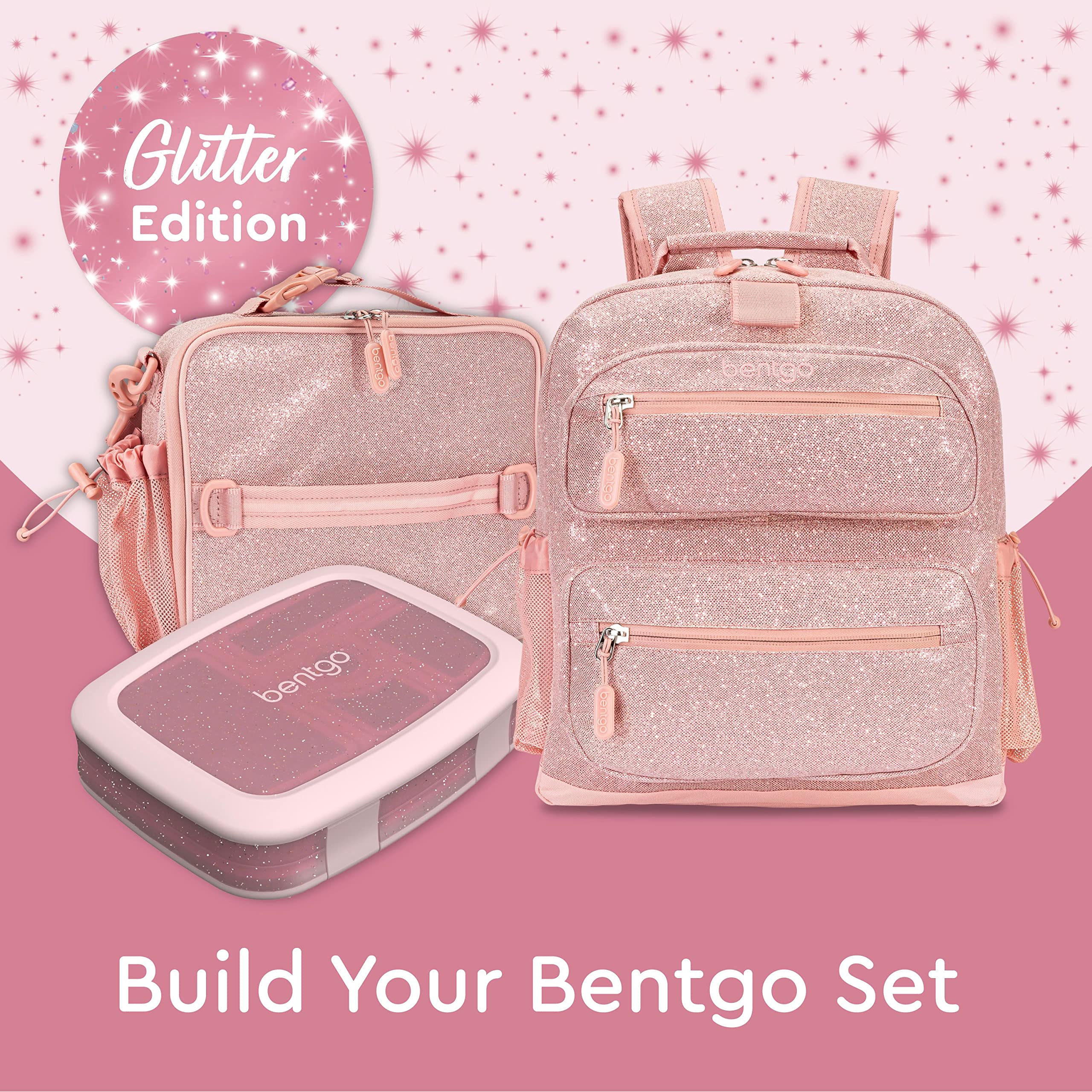 Bentgo Kids Lunch Bag - Double-Insulated, Reusable Lunch Bag for Kids 3+ with Adjustable Strap; Holds Lunch Box/Water Bottle/Snacks; Easy-Clean, Water-Resistant & Pockets (Glitter - Petal Pink)