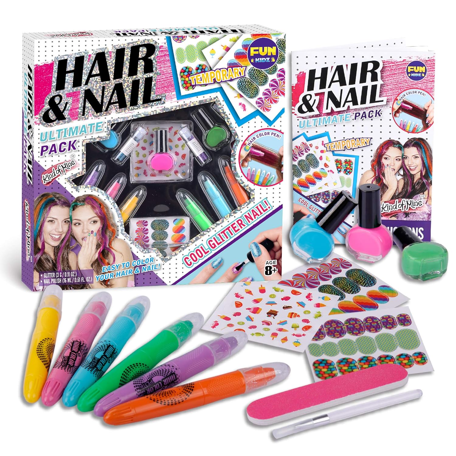 Hair Color and Nail Art Combo Kit for Girls, Funkidz Peel-off Nail Polish 3 Colors and 6 Colors Hair Chalks Ultimate Set Ages 8+ Suitable for Party Cosplay Halloween Christmas: Beauty