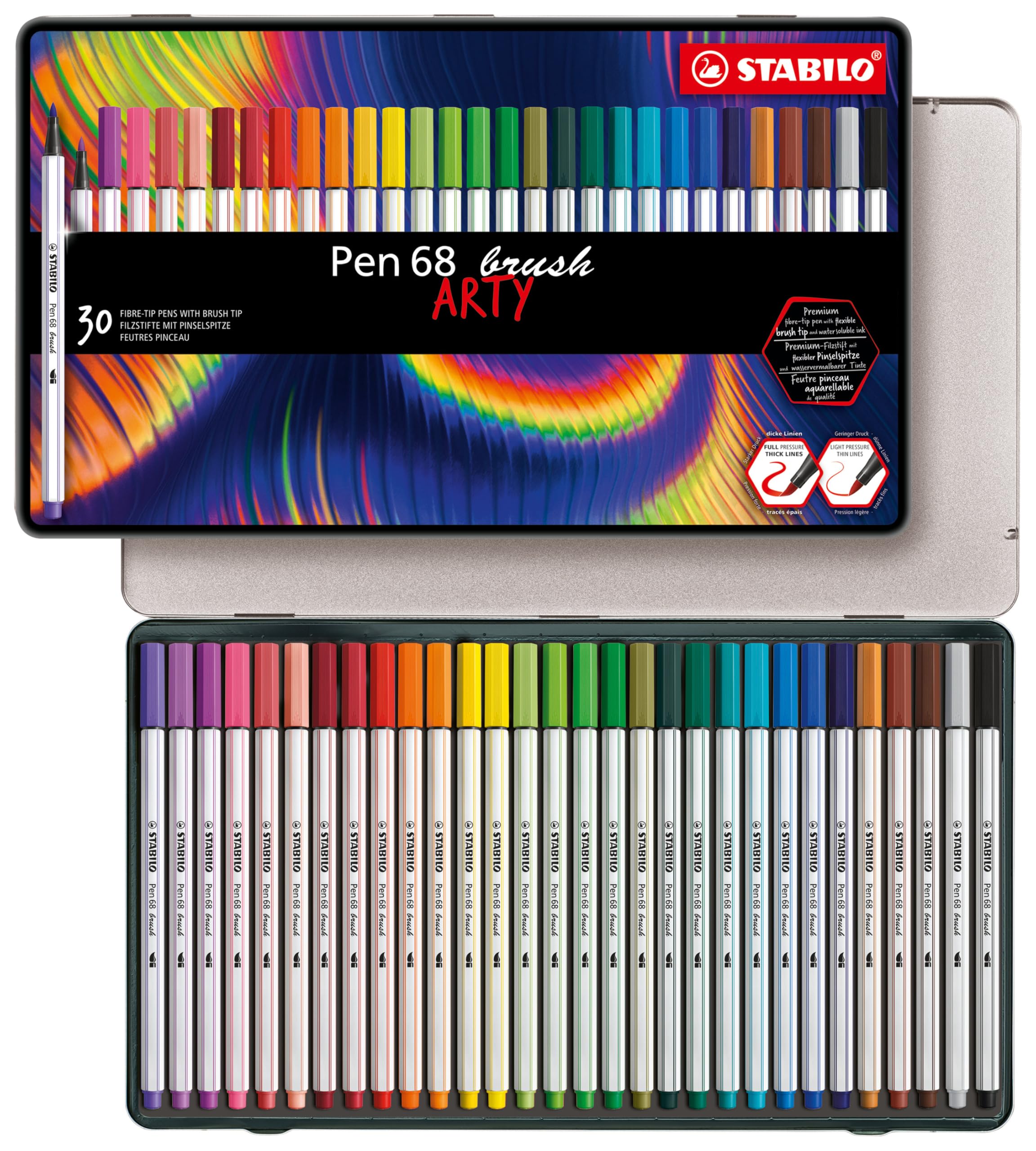 STABILO Pen 68 brush - Premium Fibre-Tip Pen with Brush Tip - ARTY - Tin of 30 - Assorted Colours