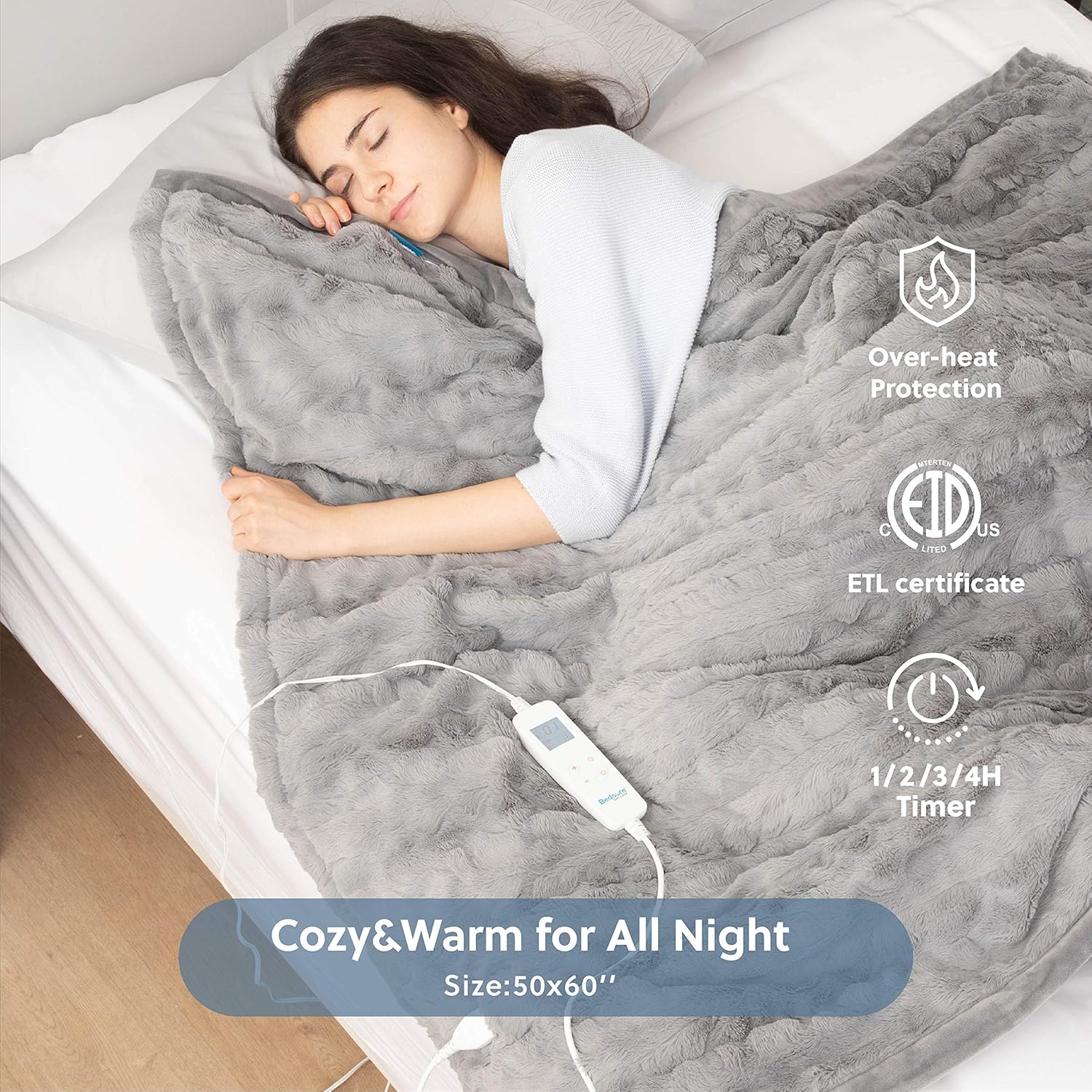 Bedsure Heated Blanket Throw Electric - with 6 Heat Setting Low Voltage, Fast - Heating Blanket 1/2/3/4 H Timer Auto - Off, Fuzzy Super Soft Flannel Fleece Throw Blanket, 50 x 60 inch Grey: Kitchen & Dining
