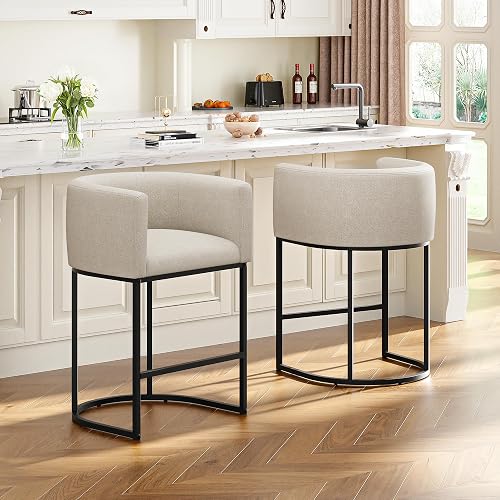 VATROS 26" H Counter Height Bar Stools Set of 2, Modern Barrel Counter Stools with Backrest and Arms, Linen Fabric Upholstered Accent Barstools for Kitchen Island,Support 450 LBS (Beige)