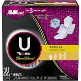 U by Kotex CleanWear Ultra Thin Feminine Pads with Wings, Regular, Fragrance-Free, 50 Count